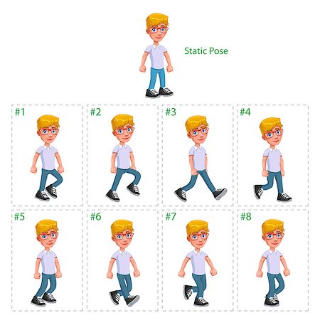 Animation of boy walking. Eight walking frames + 1 static pose. Vector cartoon isolated character/frames. Stock Photo - Budget Royalty-Free & Subscription, Code: 400-07831368