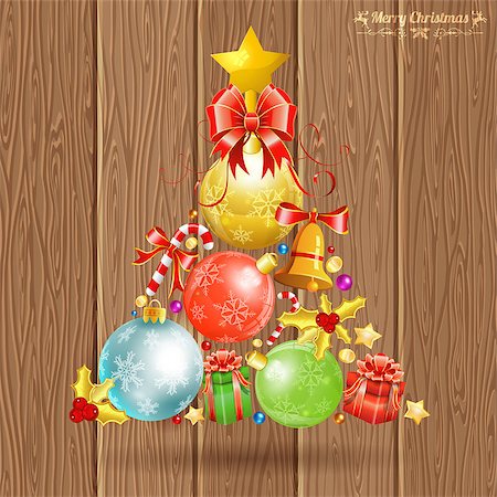 simsearch:400-06430253,k - Christmas Tree with Candy, Mistletoe, Gift and Baubles on Wooden Boards background, vector illustration. Stock Photo - Budget Royalty-Free & Subscription, Code: 400-07832094