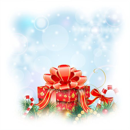 simsearch:400-09142612,k - Christmas Blurred Bokeh Background with Snowflakes, Gift, Fir Branches, Gold Streamer and Candy, vector illustration. Stockbilder - Microstock & Abonnement, Bildnummer: 400-07832098