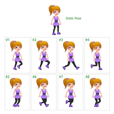 Animation of girl walking. Eight walking frames + 1 static pose. Vector cartoon isolated character/frames. Stock Photo - Budget Royalty-Free & Subscription, Code: 400-07832209