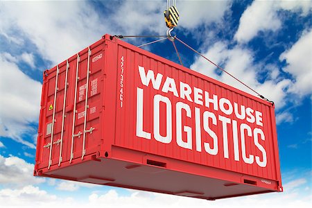 Warehouse Logistics - Red Hanging Cargo Container on Sky Background. Photographie de stock - Aubaine LD & Abonnement, Code: 400-07832406