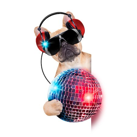dj bulldog dog with headphones listening to music holding a disco ball, besides a white banner or placard , isolated on white background Stock Photo - Budget Royalty-Free & Subscription, Code: 400-07832850