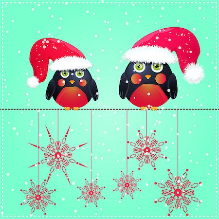 Birds in Cute Red Hat Seats on Wire. Christmas Season Greeting. Vector Illustration. Stock Photo - Budget Royalty-Free & Subscription, Code: 400-07832886