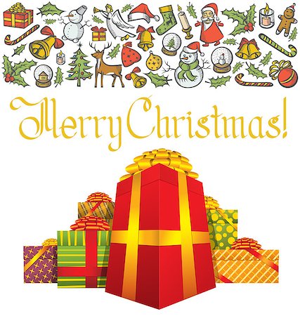 simsearch:400-05746178,k - Vector Christmas and New Year card with gifts, with inscription Merry Christmas, wrapped in color paper Foto de stock - Super Valor sin royalties y Suscripción, Código: 400-07833357