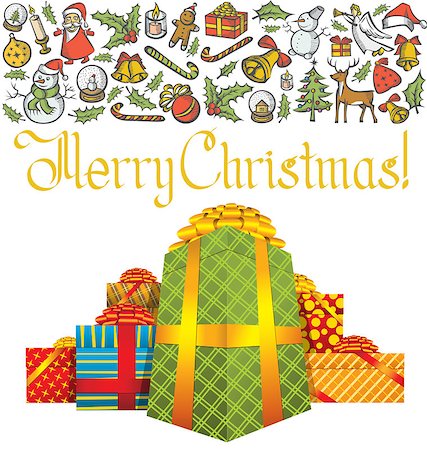 simsearch:400-05746178,k - Vector Christmas and New Year card with gifts, with inscription Merry Christmas, wrapped in color paper Foto de stock - Super Valor sin royalties y Suscripción, Código: 400-07833358