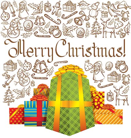 simsearch:400-05746178,k - Vector Christmas and New Year card with gifts, with inscription Merry Christmas, wrapped in color paper Foto de stock - Super Valor sin royalties y Suscripción, Código: 400-07833360