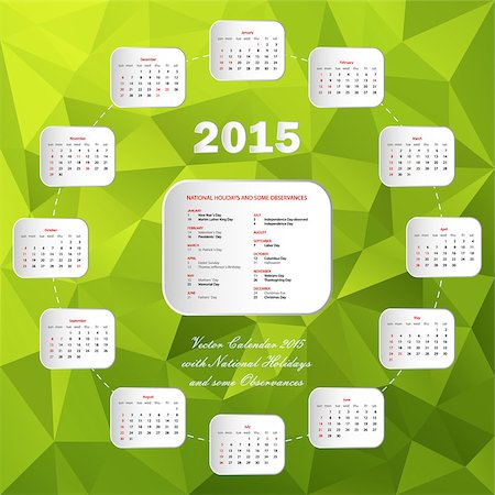 usa green circle calendar 2015 with national holidays and some observances in triangular design - web template Photographie de stock - Aubaine LD & Abonnement, Code: 400-07833507