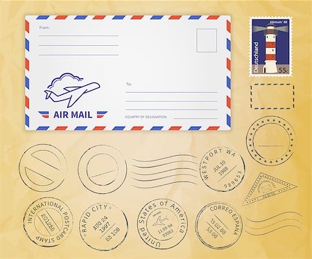 simsearch:400-09098455,k - Retro postage stamps collection with envelope on textured paper Stockbilder - Microstock & Abonnement, Bildnummer: 400-07840181