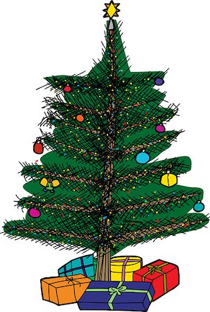 simsearch:400-08528929,k - Hand drawn cartoon Christmas tree with gifts over white Foto de stock - Royalty-Free Super Valor e Assinatura, Número: 400-07840259