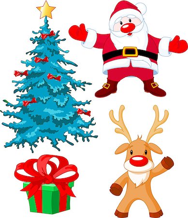 simsearch:400-07840277,k - Cute Christmas set. Included Santa Claus, Reindeer, gift and Christmas tree Foto de stock - Super Valor sin royalties y Suscripción, Código: 400-07840276
