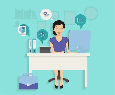 Woman is working with computer. Flat modern illustration of working process Stock Photo - Budget Royalty-Free & Subscription, Code: 400-07840306