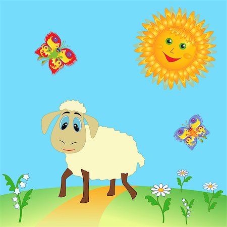 Sheep grazing on pasture and colorful cartoon fairy butterflies flying near a Sun over meadow. Hand drawing vector illustration Foto de stock - Super Valor sin royalties y Suscripción, Código: 400-07840416