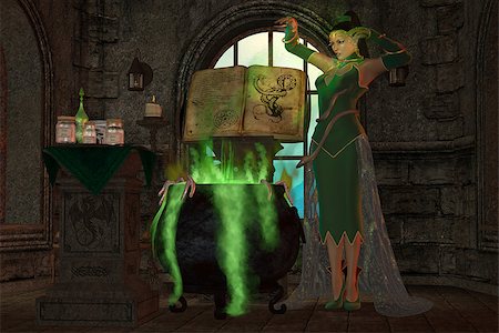 spell book - A snake witch puts an evil spell on a cauldron full of green potions and seasonings. Stock Photo - Budget Royalty-Free & Subscription, Code: 400-07894009