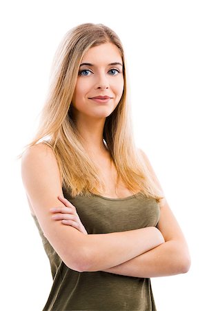 simsearch:400-05912369,k - Beautiful blonde woman smiling with hands folded, isolated over white background Fotografie stock - Microstock e Abbonamento, Codice: 400-07894092