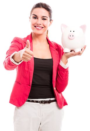 Business woman holding a piggy bank and doing thumbs up, isolated over a white background Stock Photo - Budget Royalty-Free & Subscription, Code: 400-07894137