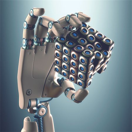 Robot hand holding a binary cube concept of logical processing. Clipping path included. Foto de stock - Royalty-Free Super Valor e Assinatura, Número: 400-07894357