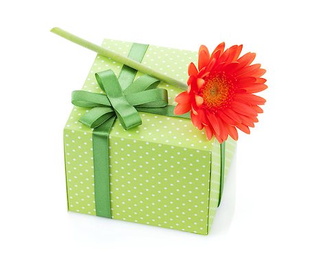 simsearch:400-07662543,k - Orange gerbera flower over gift box. Isolated on white background Stock Photo - Budget Royalty-Free & Subscription, Code: 400-07894858