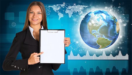 simsearch:400-07895693,k - Beautiful businesswoman in suit holding paper holder. Network with people icons, Earth and graphs in background. Elements of this image furnished by NASA Stock Photo - Budget Royalty-Free & Subscription, Code: 400-07895685