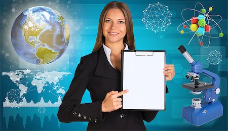 simsearch:400-07895693,k - Beautiful businesswoman in suit holding paper holder. Earth, microscope and molecule model in background. Elements of this image furnished by NASA Stock Photo - Budget Royalty-Free & Subscription, Code: 400-07895686
