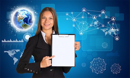 simsearch:400-07895693,k - Beautiful businesswoman in suit holding paper holder. Earth and graphs in background. Elements of this image furnished by NASA Stock Photo - Budget Royalty-Free & Subscription, Code: 400-07895681