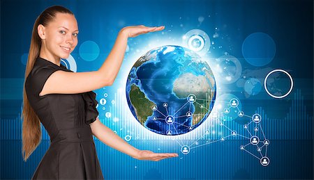 simsearch:400-07895693,k - Beautiful businesswoman holding Earth. Network in background. Elements of this image furnished by NASA Stock Photo - Budget Royalty-Free & Subscription, Code: 400-07895683