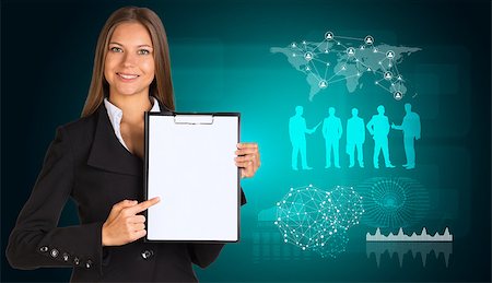 simsearch:400-07895693,k - Beautiful businesswoman in suit holding paper holder. World map and business silhouettes in background Stock Photo - Budget Royalty-Free & Subscription, Code: 400-07895694