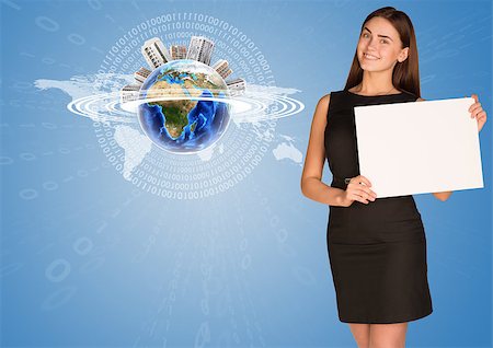 simsearch:400-07895693,k - Beautiful businesswoman in dress holding paper holder. Earth with buildings and figures in background. Elements of this image furnished by NASA Stock Photo - Budget Royalty-Free & Subscription, Code: 400-07895698