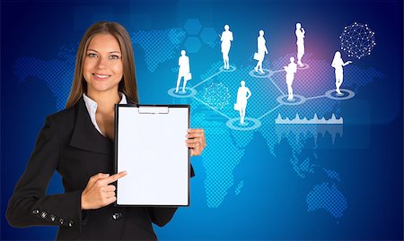 simsearch:400-07821752,k - Beautiful businesswoman in suit holding paper holder. World map and business silhouettes in background Foto de stock - Royalty-Free Super Valor e Assinatura, Número: 400-07895692