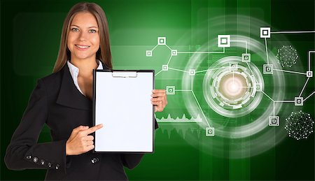 simsearch:400-07895693,k - Beautiful businesswoman in suit holding paper holder. Network with circles. Technology concept Stock Photo - Budget Royalty-Free & Subscription, Code: 400-07895693