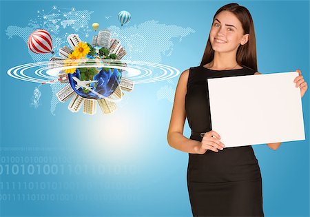 simsearch:400-07895693,k - Beautiful businesswoman in dress holding paper holder. Earth with buildings and figures in background. Elements of this image furnished by NASA Stock Photo - Budget Royalty-Free & Subscription, Code: 400-07895704