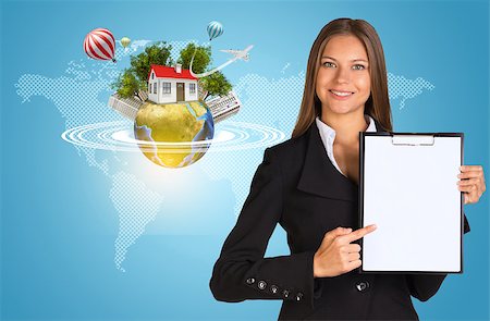 simsearch:400-07895693,k - Beautiful businesswoman in suit holding paper holder. Earth with buildings and trees in background. Elements of this image furnished by NASA Stock Photo - Budget Royalty-Free & Subscription, Code: 400-07895707