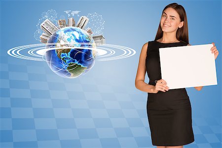 simsearch:400-07895693,k - Beautiful businesswoman in dress holding paper holder. Earth with buildings and orbit in background. Elements of this image furnished by NASA Stock Photo - Budget Royalty-Free & Subscription, Code: 400-07895700