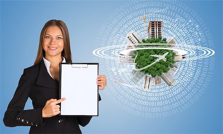 simsearch:400-07895693,k - Beautiful businesswoman in suit holding paper holder. Earth with buildings and figures in background Stock Photo - Budget Royalty-Free & Subscription, Code: 400-07895702