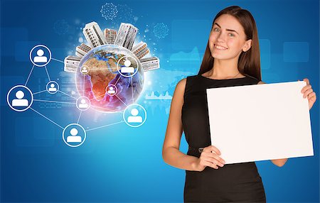 simsearch:400-07895693,k - Beautiful businesswoman in dress holding paper holder. Earth with buildings and network in background. Elements of this image furnished by NASA Stock Photo - Budget Royalty-Free & Subscription, Code: 400-07895710