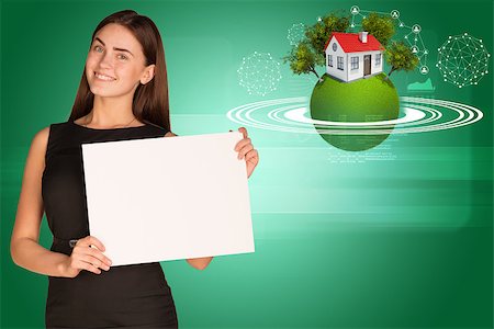 simsearch:400-07895693,k - Beautiful businesswoman in dress holding paper holder. Earth with house and trees in background Stock Photo - Budget Royalty-Free & Subscription, Code: 400-07895712