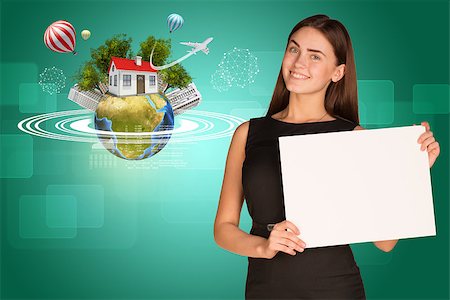 simsearch:400-07895693,k - Beautiful businesswoman in dress holding paper holder. Earth with buildings and trees in background. Elements of this image furnished by NASA Stock Photo - Budget Royalty-Free & Subscription, Code: 400-07895713