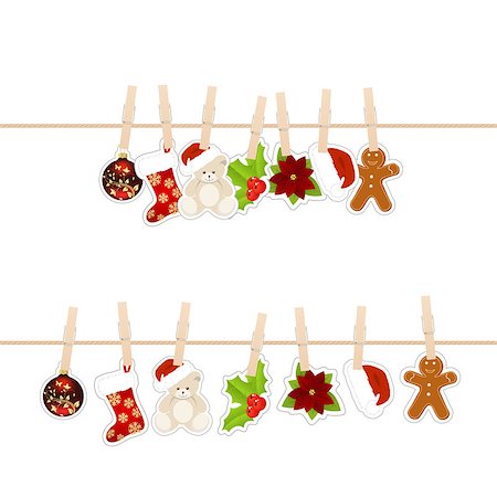 Christmas stickers hanging on clothesline with clothespins isolated on white background. Vector illustration. Foto de stock - Super Valor sin royalties y Suscripción, Código: 400-07896495