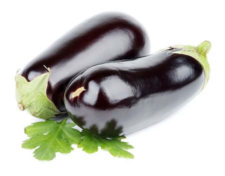 simsearch:400-06485810,k - Ripe Raw Eggplants with Leafs isolated on white background Fotografie stock - Microstock e Abbonamento, Codice: 400-07896793