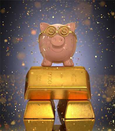 simsearch:400-07574972,k - Piggy bank on top of gold ingots under rain of gold confetti. Concept of success in saving. Stock Photo - Budget Royalty-Free & Subscription, Code: 400-07897170