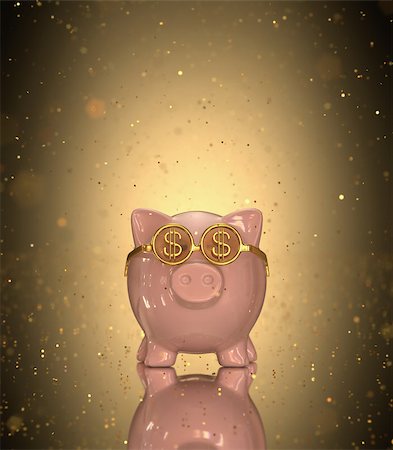 simsearch:400-07260449,k - Piggy bank on reflective floor with gold confetti falling. Fotografie stock - Microstock e Abbonamento, Codice: 400-07897421