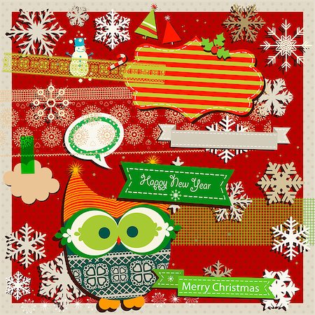 snowman owl - winter scrapbook template with cute owl Stock Photo - Budget Royalty-Free & Subscription, Code: 400-07897604