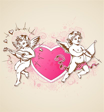simsearch:400-08347146,k - Vintage vector background with pink heart and Cupids for Valentine's day Stock Photo - Budget Royalty-Free & Subscription, Code: 400-07899169