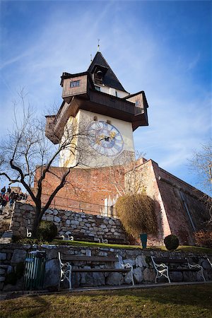 schlossberg - Graz, Austria - January 16, 2011: Uhrturm old clock tower in Graz, Styria, Austria Stock Photo - Budget Royalty-Free & Subscription, Code: 400-07899447