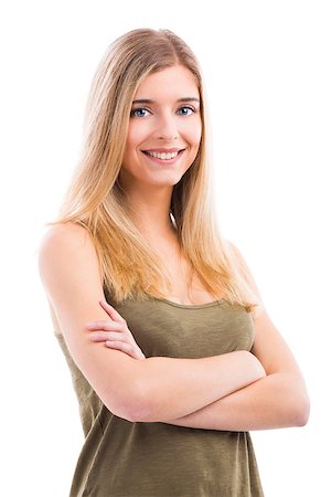 simsearch:400-05912369,k - Beautiful blonde woman smiling with hands folded, isolated over white background Fotografie stock - Microstock e Abbonamento, Codice: 400-07899686