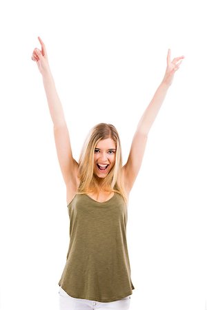 simsearch:400-04343310,k - A beautiful blonde woman really happy with both arms on the air, isolated over white background Photographie de stock - Aubaine LD & Abonnement, Code: 400-07899689