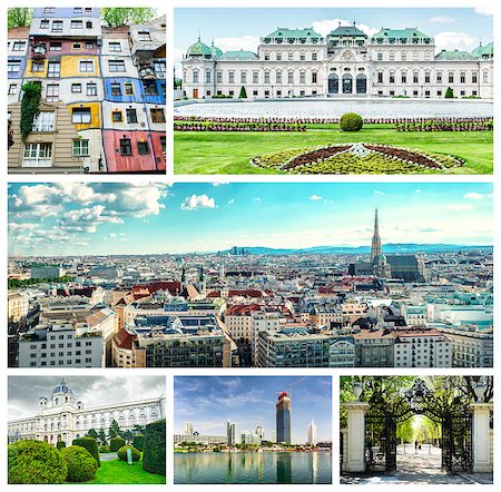 Collage of landmarks in Vienna. Panoramic city view, Upper Belvedere, Donau City, Hundertwasser House,The Museum of Art History and garden walkway at Schonbrunn Palace Stock Photo - Budget Royalty-Free & Subscription, Code: 400-07891913
