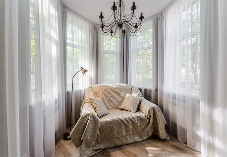 simsearch:400-07892349,k - Elegant room interior with armchair, white curtain and chandelier Photographie de stock - Aubaine LD & Abonnement, Code: 400-07892358