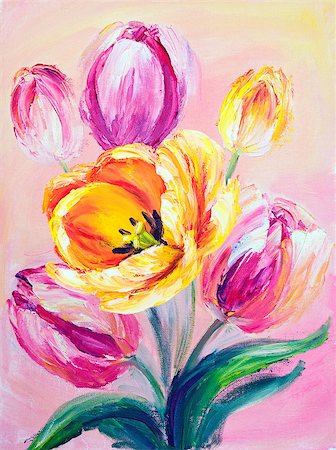 simsearch:400-07893049,k - Pink tulips, oil painting on canvas Photographie de stock - Aubaine LD & Abonnement, Code: 400-07893058