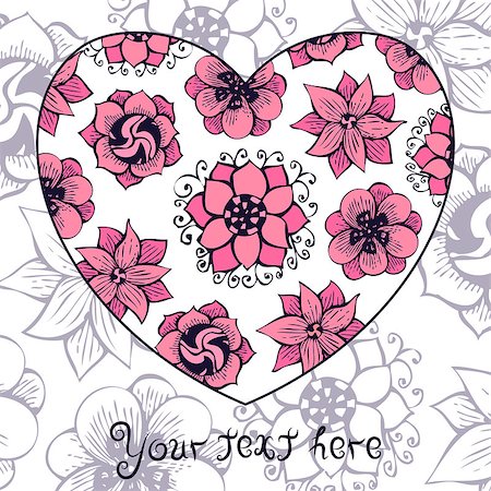 simsearch:400-07427493,k - Romantic greeting card with floral heart shape, flower design for sketchbook, vector Foto de stock - Royalty-Free Super Valor e Assinatura, Número: 400-07900114