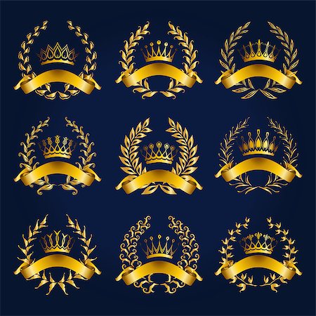 Set of luxury gold labels, emblems, medals, stickers with laurel wreath, filigree crown, ribbon for design. Vector illustration. Stock Photo - Budget Royalty-Free & Subscription, Code: 400-07900155
